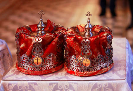 Two wedding crowns in the churchの写真素材