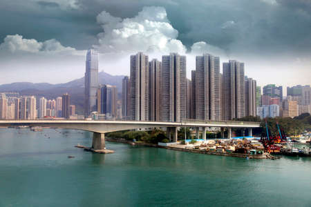 View of the residential area of Hong Kong on a background cloudy skyのeditorial素材