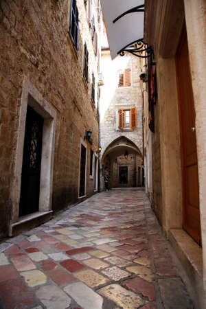 Amazing narrow streets in old town of Kotor, Montenegroの写真素材