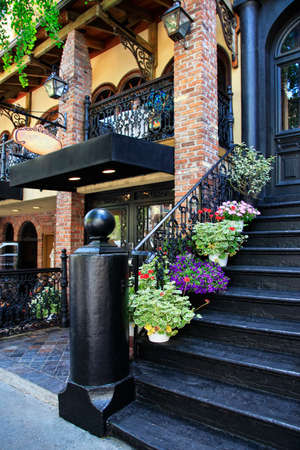 Beautiful facade of the house with flowers in New Yorkのeditorial素材