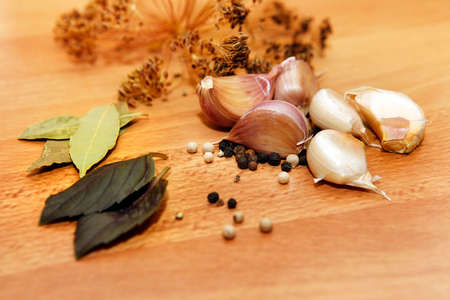 Bay leaves, pepper, dill, garlic - Ingredients for picklingの写真素材