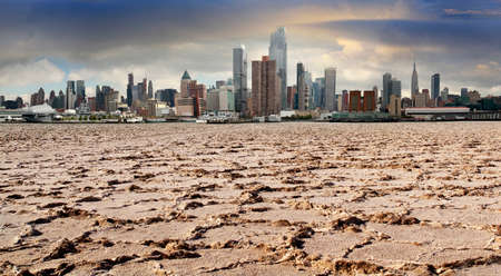 A general view of lower New York City - Manhattan from ferry in a cloudy morning. Collage with...