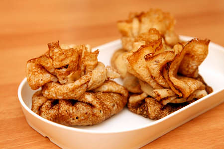 Pancakes with filling in the form of bags close-upの写真素材