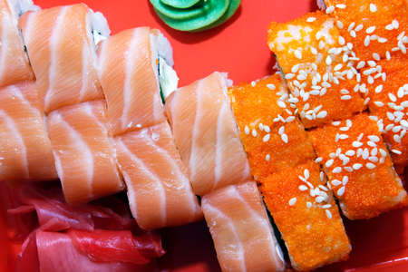 Sushi close-up on red backgroundの写真素材