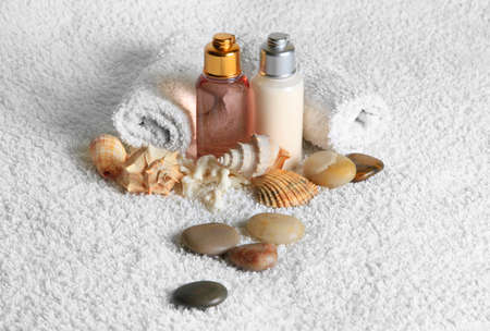 Bodycare products and a beautiful cockleshellsの写真素材