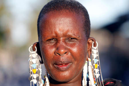Nungwi, Zanzibar, Tanzania - January 5, 2016: Portrait of an unknown maasai woman with traditional jevelleryのeditorial素材