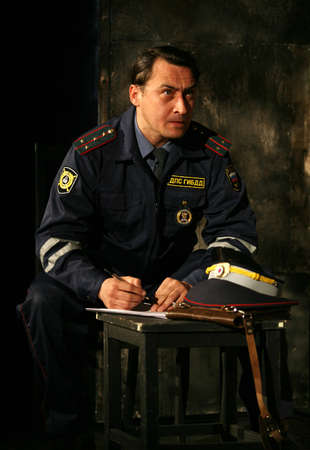Russia, Moscow - April 11, 2007: Russian actor Kamil Larin in performance "Is faster than rabbits" in Moscow, Russiaのeditorial素材