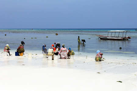 Nungwi, Zanzibar, Tanzania - January 11, 2016:  African women in traditional dress on the beach of village Nungwi. Zanzibar, Tanzaniaのeditorial素材