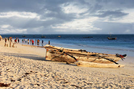 Zanzibar, Tanzania - January 4, 2016: A game of football on the beach at sunset in Nungwi. Zanzibar, Tanzaniaのeditorial素材