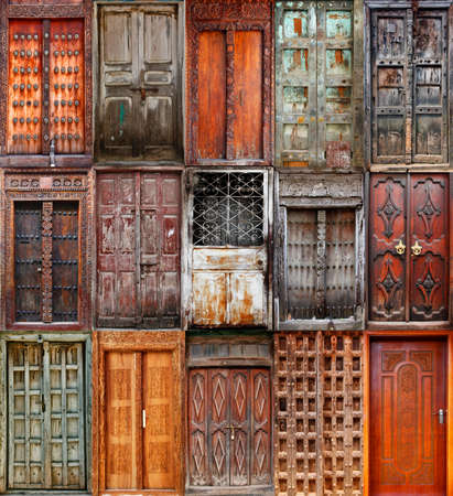 A collage of 15 wooden doors from Stoun Town on Zanzibar, Tanzania.の写真素材