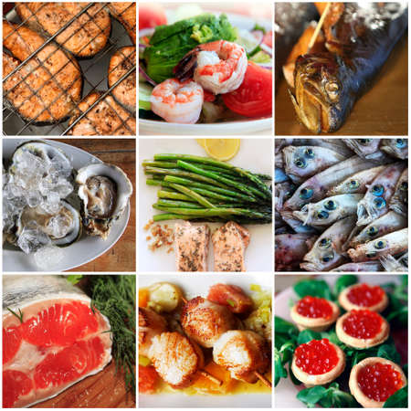 Sea food collage made from nine photographsの写真素材