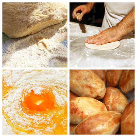 Collage of 4 pictures of cooking piesの写真素材