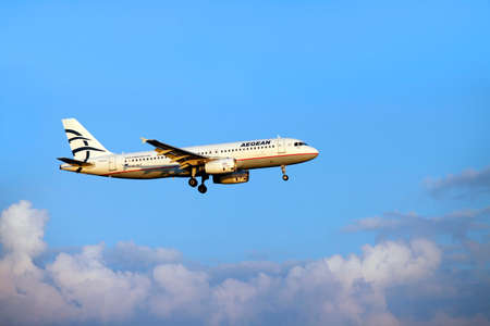 Larnaca, Cyprus - May 29, 2016: Aegean Airlines Airbus A320 lands in Larnaca International Airport. It is the largest Greek airlineのeditorial素材