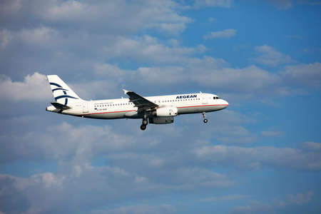 Larnaca, Cyprus - May 29, 2016: Aegean Airlines Airbus A320 lands at Larnaca International Airport. It is the largest Greek airlineのeditorial素材