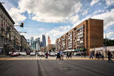 Moscow, Russia - June 10, 2016: busy street in Moscow, on the background Moscow International Business Centerのeditorial素材