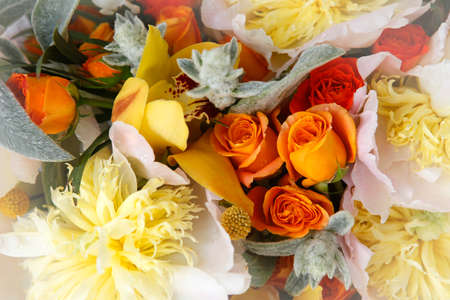 Wedding bouquet of roses, orchids and peoniesの写真素材