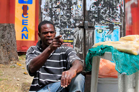 Barbados, Barbados - April 8, 2013: Angry man on the island of Barbados points finger.のeditorial素材
