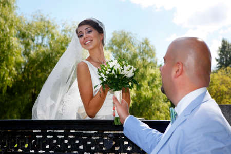 The groom and the bride in parkの写真素材