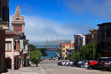 San Francisco, California, USA - September 16, 2013 : The Bay and Alcatraz Island view from North point Streetのeditorial素材