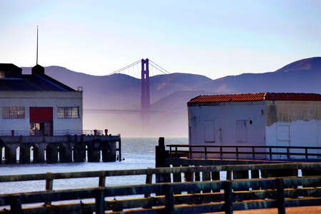 Ford Mason in San Francisco in the background a Golden Gate in the fogの写真素材
