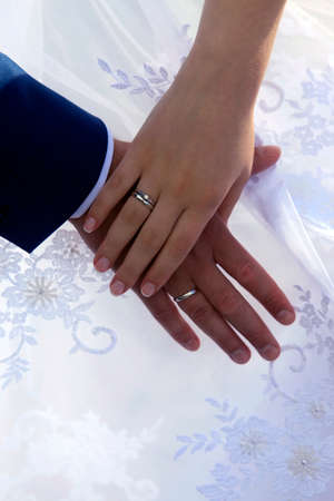 Hands of the bride and groom on the background of a wedding dressの写真素材