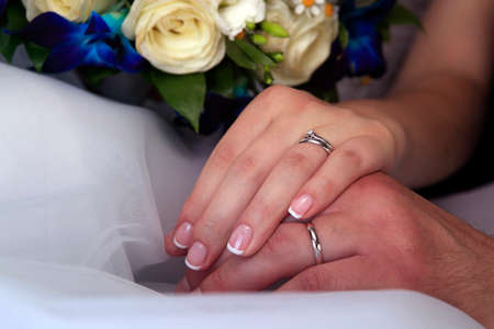 Hand of the groom and the bride with wedding ringsの写真素材