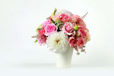 Bouquet alstroemeria, peony and rose on white isolated backgroundの写真素材