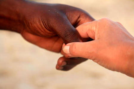 Hands of a Caucasian woman and an African manの写真素材