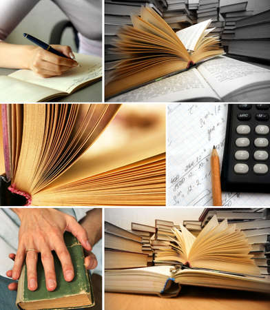 Collage of opened and stacked booksの写真素材