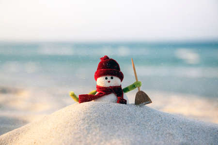 Toy of the snowman on beach backgroundの写真素材