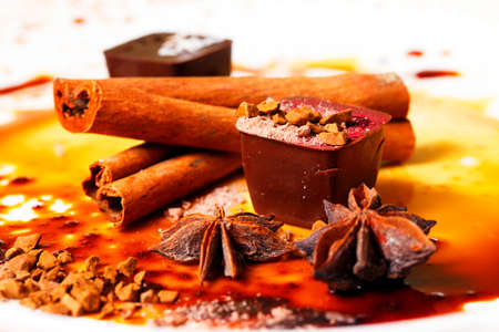 Chocolate candy isolated with anice and cinnamonの写真素材
