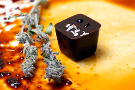 Chocolate candy isolated on yellow backgroundの写真素材