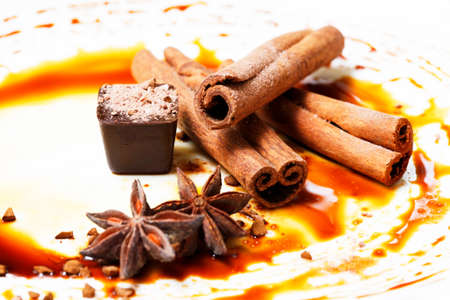 Chocolate candy isolated with anice and cinnamonの写真素材