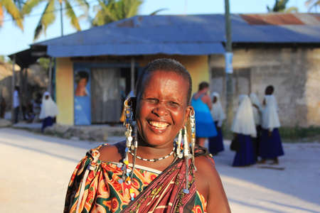 Nungwi, Zanzibar, Tanzania - January 5, 2016: Portrait of an unknown maasai woman with traditional jevelleryのeditorial素材