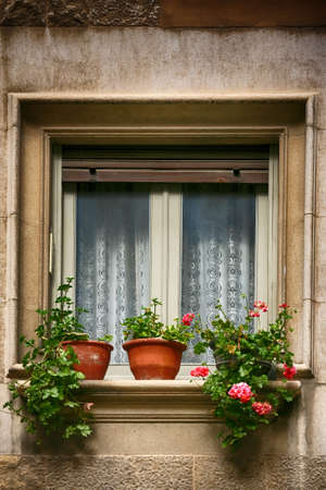 Window decorated with fresh flowers in pots in Spain
