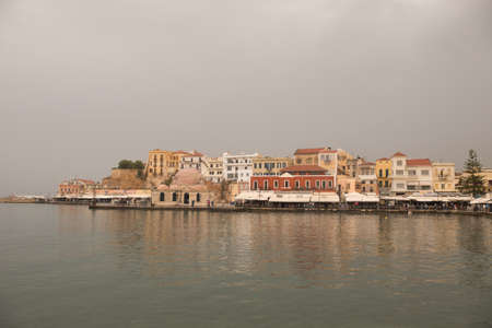 GREECE, CHANIA - MAY, 15. 2016: Port of Chania at a rainy afternoon. Illustrative Editorial.のeditorial素材