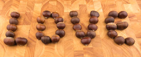Autumn seasonal fruit Spanish Chestnuts on a wooden plate formed to the word "Love"の写真素材