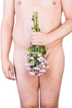 View on the belly of an overweighted male with withered flowers in front for concept of impotence - isolated on white backgroundの写真素材