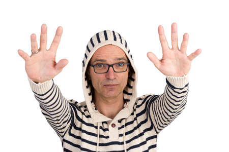attractive candid european middle-aged male in hooded sweater with calm down gesture - isolated on white backgroundの写真素材