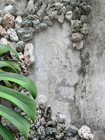 Stone wall and green plant on concrete background, vintage color tone.の写真素材