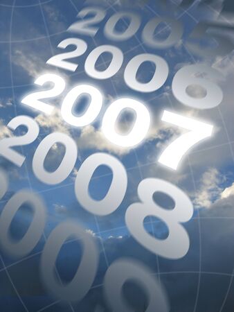 Years scrolling across a partially cloudy sky, seen through a spherical grid; 2007 is highlighted