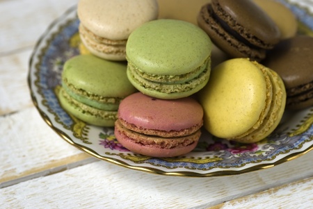 Macaroons; a plate of beautifully-coloured macaroonsの写真素材