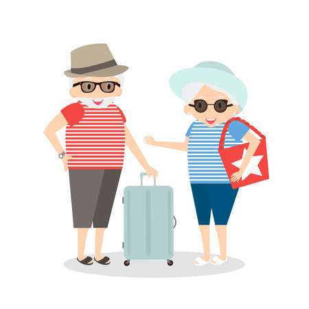 Seniors happy traveling. Grandmother and grandfather on trip. Oldest people with suitcase on trip.のイラスト素材