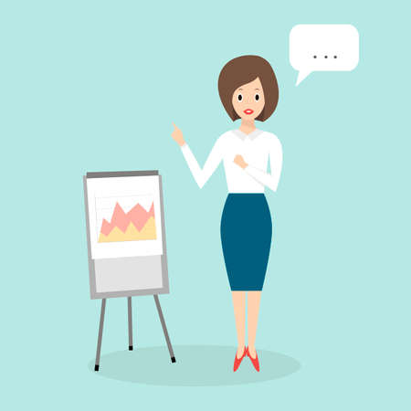 Business Woman isolated. Girl Pointing on flip chart. Business character scene.のイラスト素材