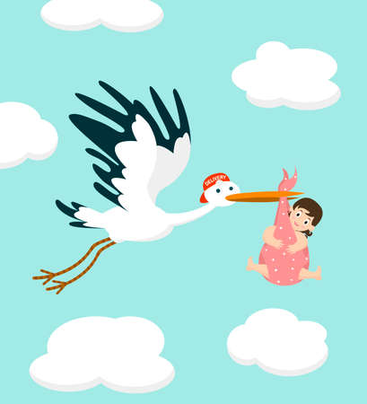 Stork carrying a cute  baby girl. Newborn baby.のイラスト素材