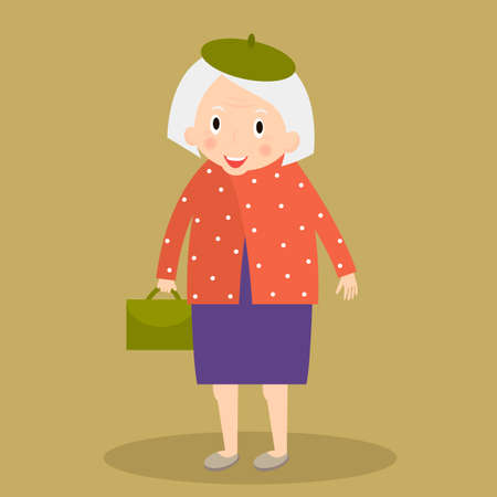 Old woman walking with bag. Grandmother. Cute senior lady walking.のイラスト素材