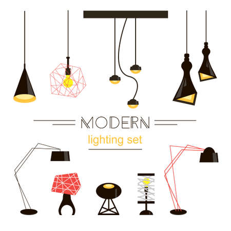 Modern light collection isolated on white. Home furniture.のイラスト素材