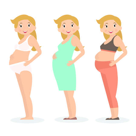 Pregnant woman in different clothes and underwear. Flat style.のイラスト素材