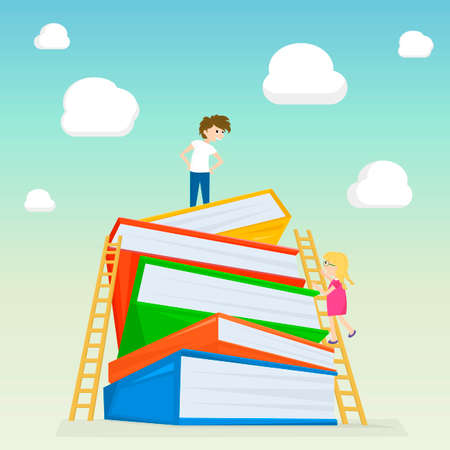 Kids climbing on stairs to the large stack of books. Illustration of kids education. illustrationのイラスト素材