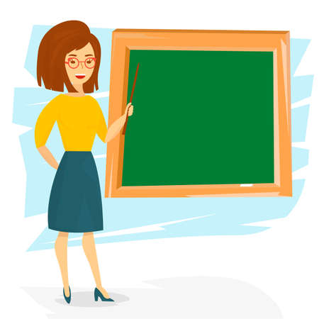 School teacher young cheerful woman. School teacher teaching with a pointer. Illustrationのイラスト素材